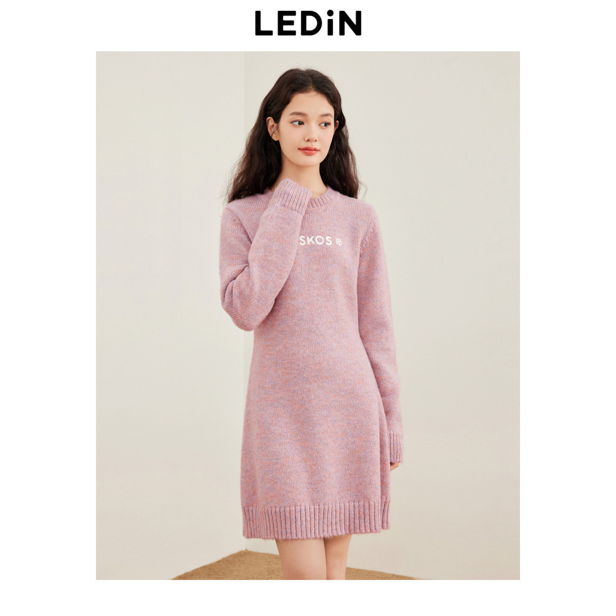 乐町复古粉色毛衣裙女装冬季新款收腰X版长袖裙圆领内搭连衣裙,女装/女士精品,连衣裙,淘宝优惠券,粉丝福利购,淘宝优惠卷