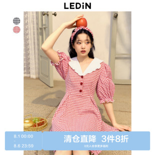 收腰连衣裙 清仓 乐町甜美翻领连衣裙夏季 清新格纹裙子泡泡袖