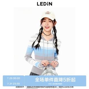 条纹外套C2EDE3226 商场同款 乐町连帽拉链针织开衫 秋新款
