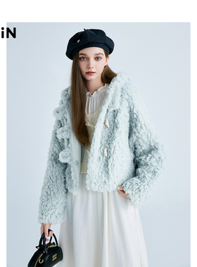 【商场同款】乐町2025春季新款蓝色连帽短款厚毛毛外套C1AEF1214