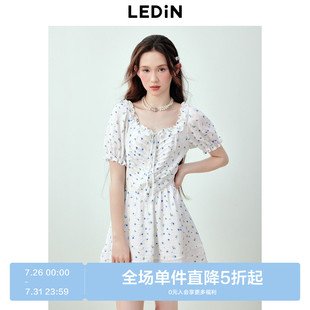 乐町法式 花边领甜美浪漫显瘦连衣裙 清新蓝碎花连衣裙夏季 新款