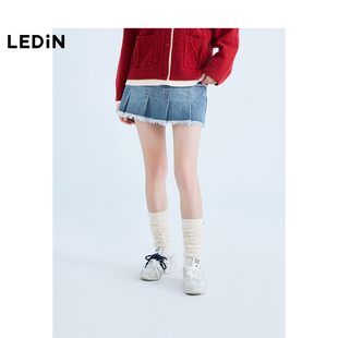 【商场同款】乐町拼接毛边牛仔短裙25年春季新款A字半裙C2HEF1312