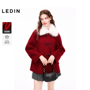 蝴蝶结装 新款 乐町秋冬季 饰毛呢外套大衣红色毛领大衣 商场同款