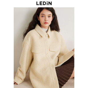 乐町韩系通勤宽松一手长衬衫式大衣女冬圈圈毛呢外套