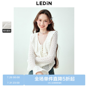 乐町甜美浪漫感木耳边设计蕾丝雪纺衫 宽松天丝上衣 女夏季 新款