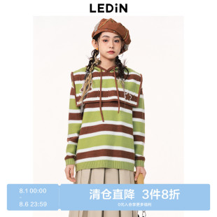 条纹针织衫 新款 清仓 C3EED1201 乐町可拆连帽毛衣秋季