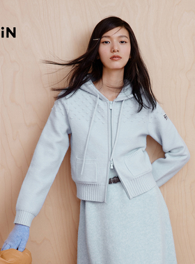 【7-day】乐町北极绒连帽针织开衫冬款立体提花正肩合体蓝色毛衣