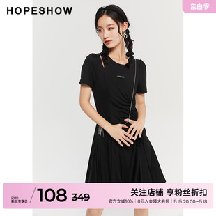 新款 女装 outlets镂空连衣裙hopeshow2023夏季 红袖 抽绳褶皱小黑裙