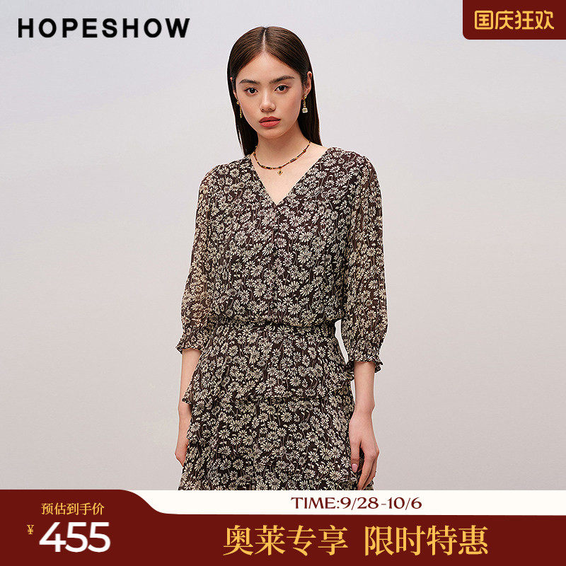 红袖2025秋季新款女装 花卉印花不对称荷叶边拼接中袖V领连衣裙