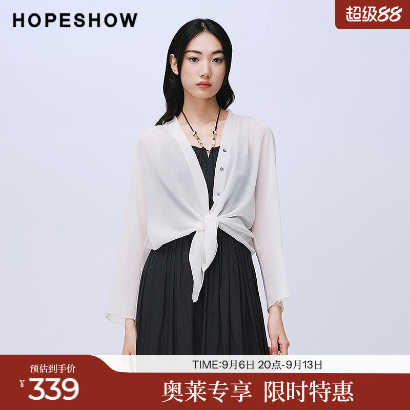 红袖2025夏季新款女装 100桑蚕丝扭结绑带单排扣V领衬衫