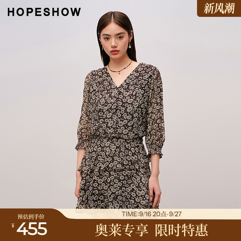 红袖2025秋季新款女装 花卉印花不对称荷叶边拼接中袖V领连衣裙