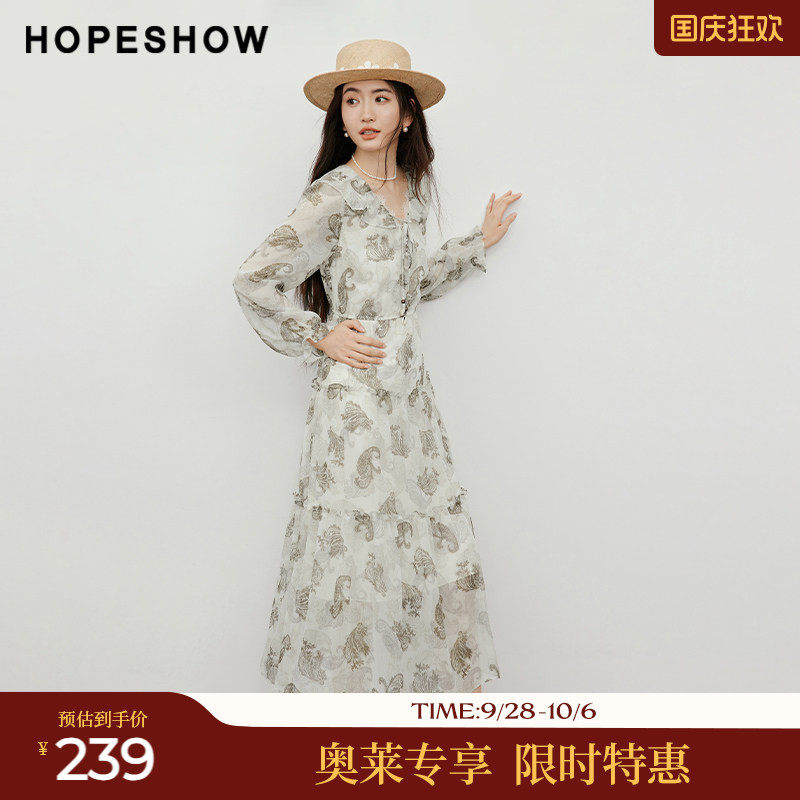 红袖2025秋季新款女装【蔓染之韵】印花荷叶边串珠系带连衣裙