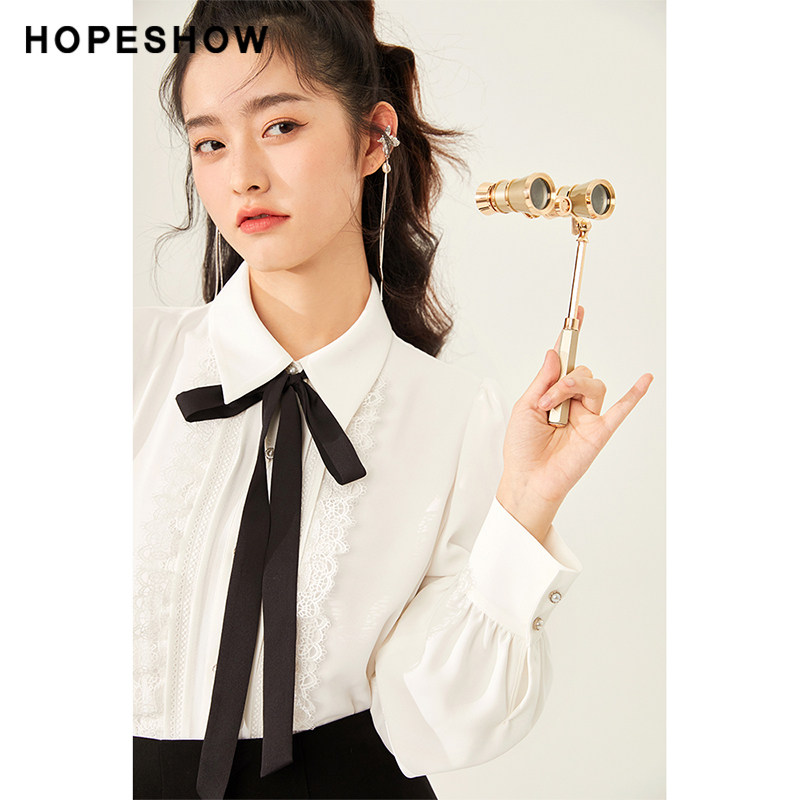 红袖outlets飘带蕾丝泡泡袖白衬衫hopeshow2021冬新款珍珠扣上衣