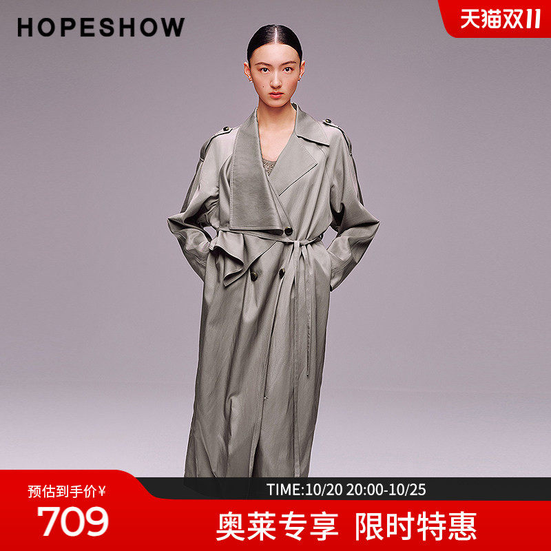 红袖2025秋季新款女装通勤简约系带双排扣插肩长袖翻驳领长款风衣