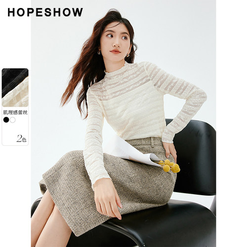 红袖outlets秋冬淑女镂空上衣hopeshow装新款打底气质雪纺衫女