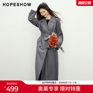 红袖2026春季新款女装  复古双排扣系带后开叉长袖翻驳领长款风衣
