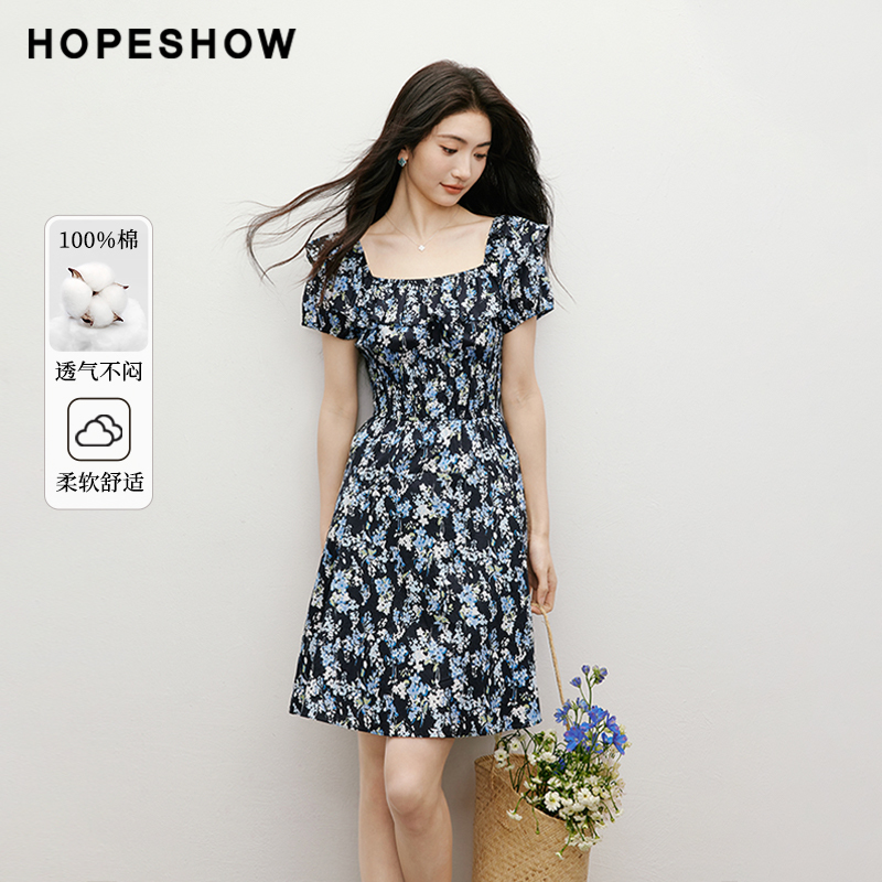 红袖2025夏季新款女装【夏日花叙】收腰小飞袖方领套头连衣裙