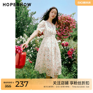 新款 泡泡袖 outlets粉丝碎花裙hopeshow2023夏季 红袖 收腰雪纺裙女