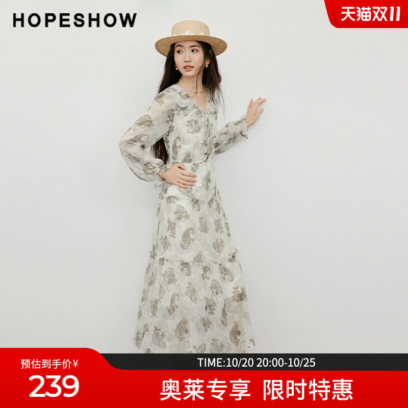红袖2025秋季新款女装【蔓染之韵】印花荷叶边串珠系带连衣裙