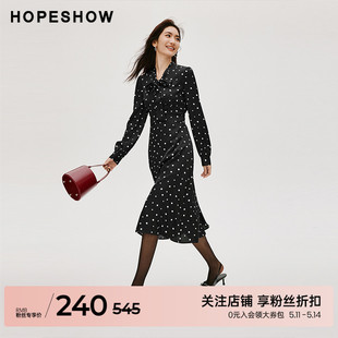 红袖 时尚 收腰连衣裙hopeshow2023冬新款 泡泡袖 V领飘带领波点裙女