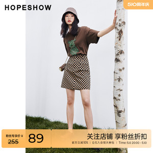 红袖outlets张嘉倪同款短裙hopeshow2023秋季新款女装棋盘格A字裙