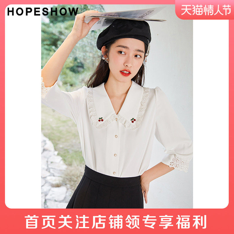 红袖outlets甜系镂空娃娃领白衬衫hopeshow2021秋新款中袖雪纺纱