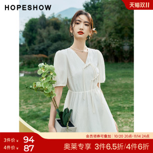 灯笼袖 新款 盘扣V领裙子女 outlets国风连衣裙hopeshow夏季 红袖