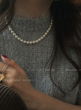 法式仿珍珠毛衣链女颈链轻奢高级感小众设计项链夏气质大衣链配饰