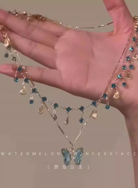 「蓝蝶之恋」蓝色蝴蝶项链女款2025新款爆款双层叠戴锁骨链配饰