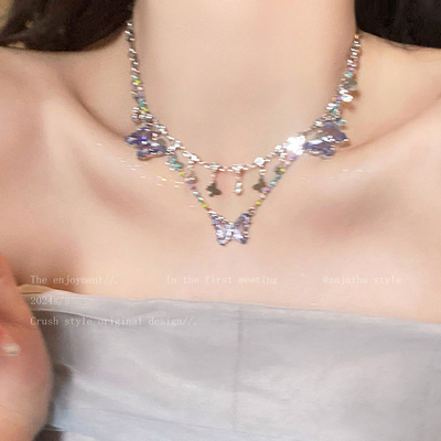 水晶蓝色蝴蝶项链女款春夏百搭锁骨链配饰轻奢小众高级感装饰颈链