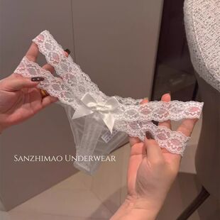法式纯欲性感蕾丝女士低腰烧内裤子女镂空网纱蝴蝶结诱惑个性T字