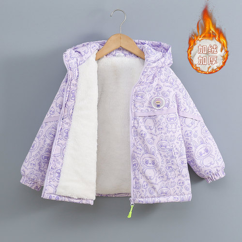 女童加绒派克服冬季2025新款加厚保暖加棉秋冬儿童冲锋衣撞色外套