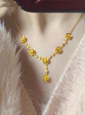 金色玫瑰花枝项链女复古风小众设计锁骨链新中式母亲节送妈妈礼物
