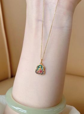 藏式古法沙金复古项链小众设计烧蓝绿度母吊坠如来佛手莲花锁骨链