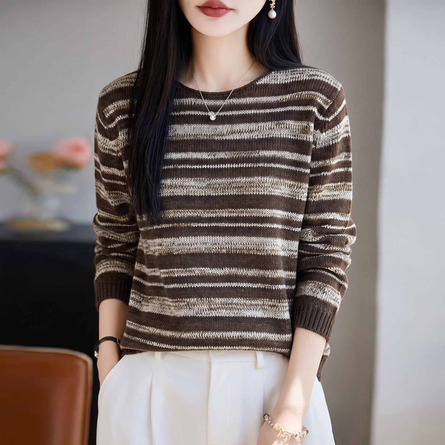 条纹针织衫女圆领长袖百搭撞色毛衣显瘦打底衫上衣