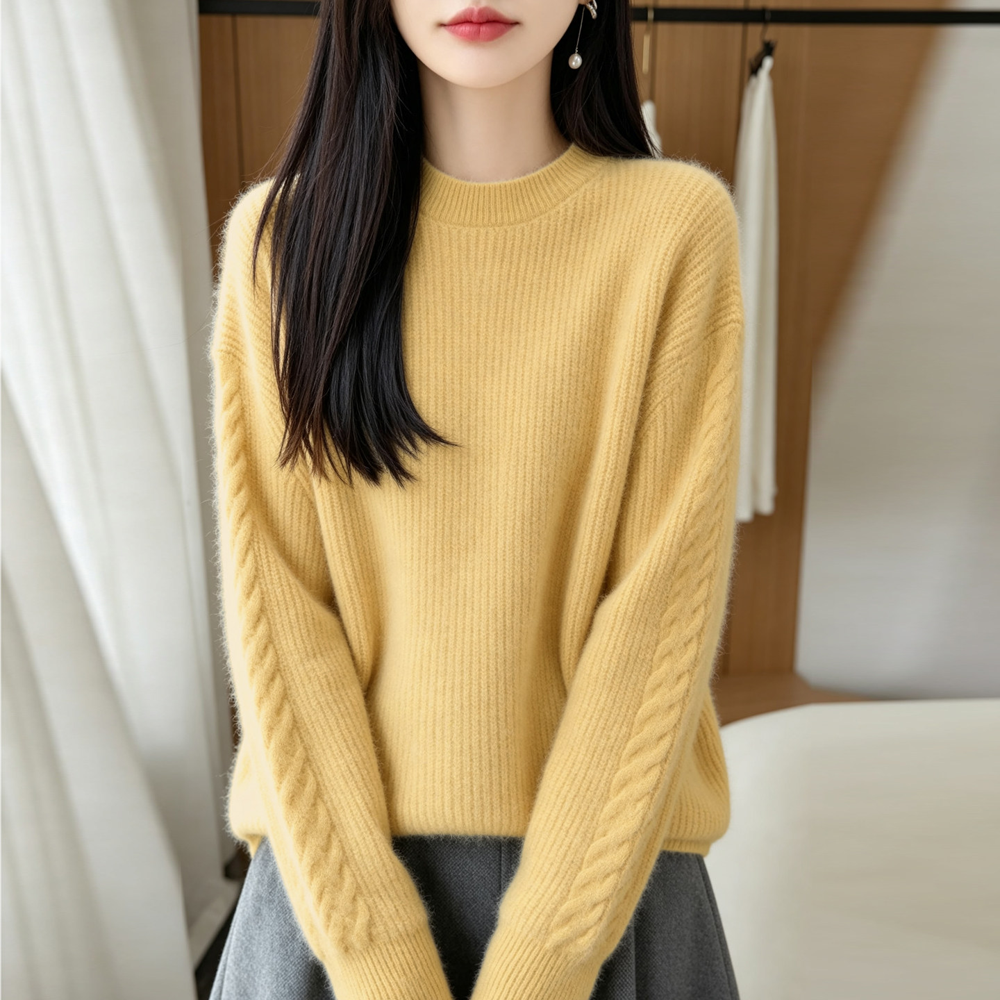 奶油风圆领绞花针织毛衣女黄色宽松百搭显瘦长袖打底衫羊毛衫
