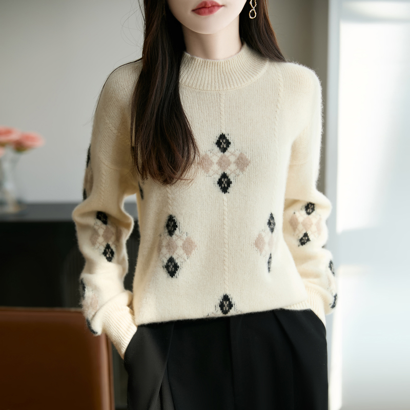 100%纯羊毛衫 圆领针织衫 打底内搭绒毛衣 秋冬女宽松上衣休闲