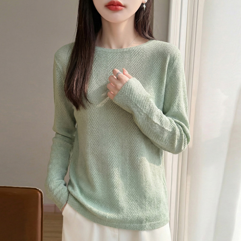 松弛风圆领长袖针织衫女薄款宽松软糯百搭打底上衣