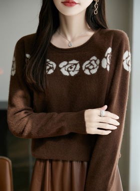 100%纯羊毛衫 圆领针织衫 打底内搭绒毛衣 秋冬女宽松上衣休闲