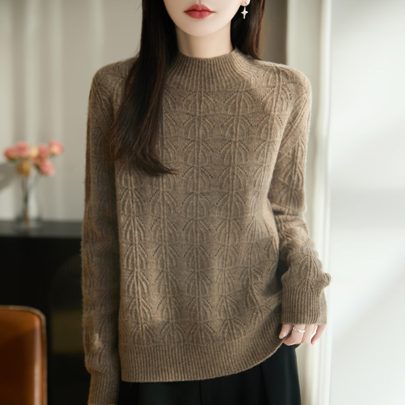 软糯松弛风半高领菱形提花针织衫女驼色修身显瘦百搭打底衫羊毛衫