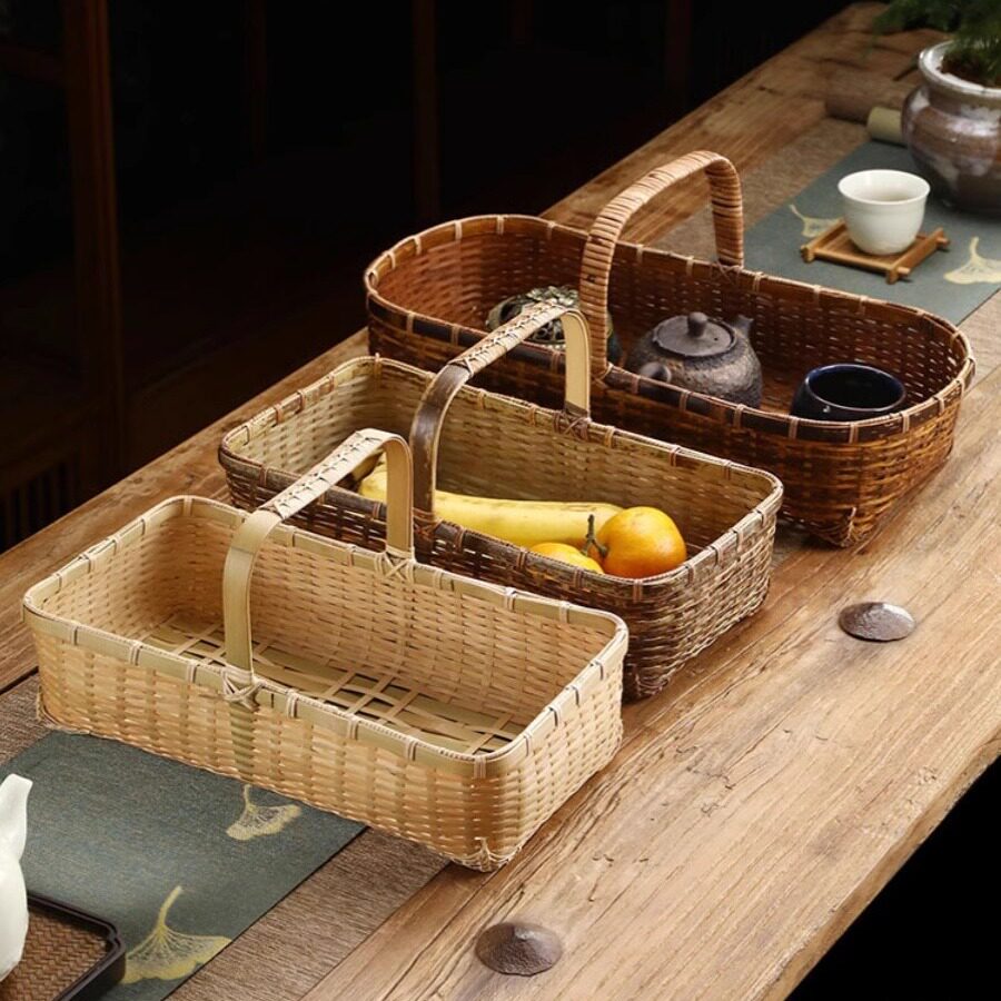 竹编提篮古风大漆茶点篮复古手提篮竹篮子便携野餐篮水果篮收纳筐