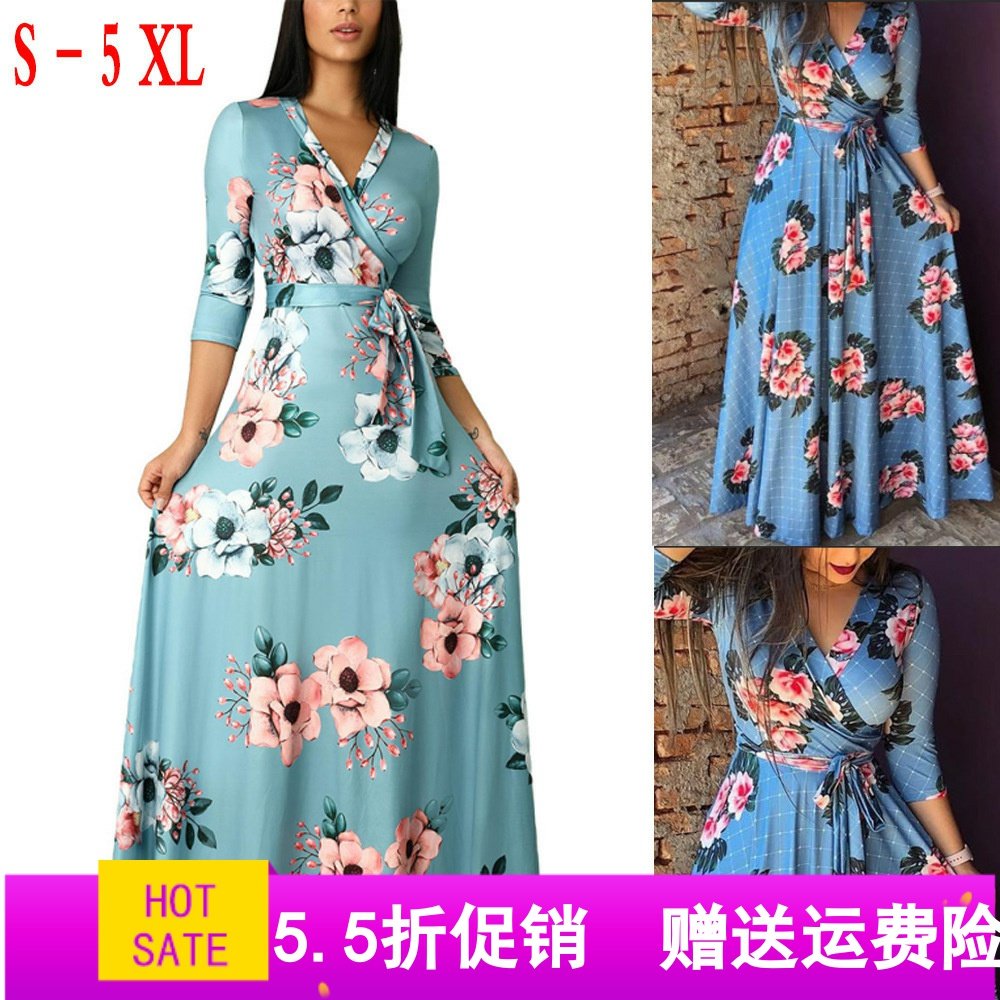 2019 Amazon Broken flowers Autumn new pattern Three Quarter Sleeve printing Women's wear lady Evening dress V-neck dressin the Women's clothing/Boutique , Large size women  category - from Buy2taobao.com to provide professional Taobao agent buy service