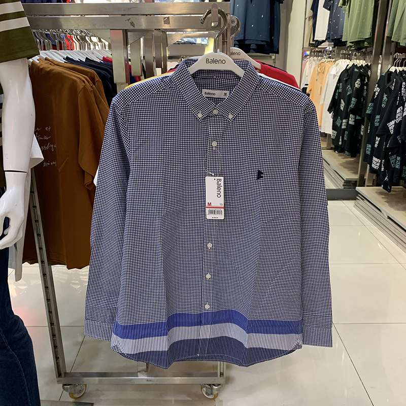 正品班尼路春秋男装简约千鸟格拼接刺绣图标休闲长袖衬衫88904036