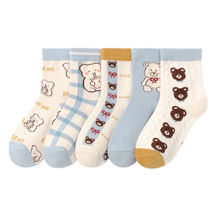 儿童纯袜子棉春秋季节四季宝宝学生五双装短袜男女童卡通大童袜子