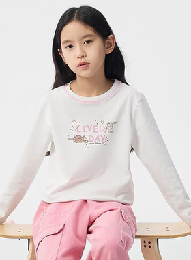 女童长袖t恤巴啦兜兜2026新款春秋圆领女童卡通印花白色上衣甜