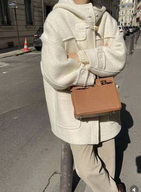 韩国theable牛角扣大衣羊绒连帽中长款冬加厚学院风羊毛呢外套女