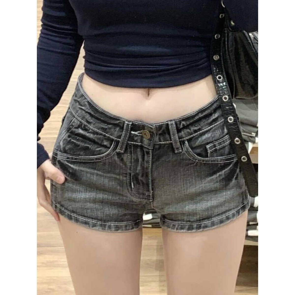 美式y2k辣妹复古水洗做旧牛仔超短裤女设计感褶皱性感a字包臀热裤