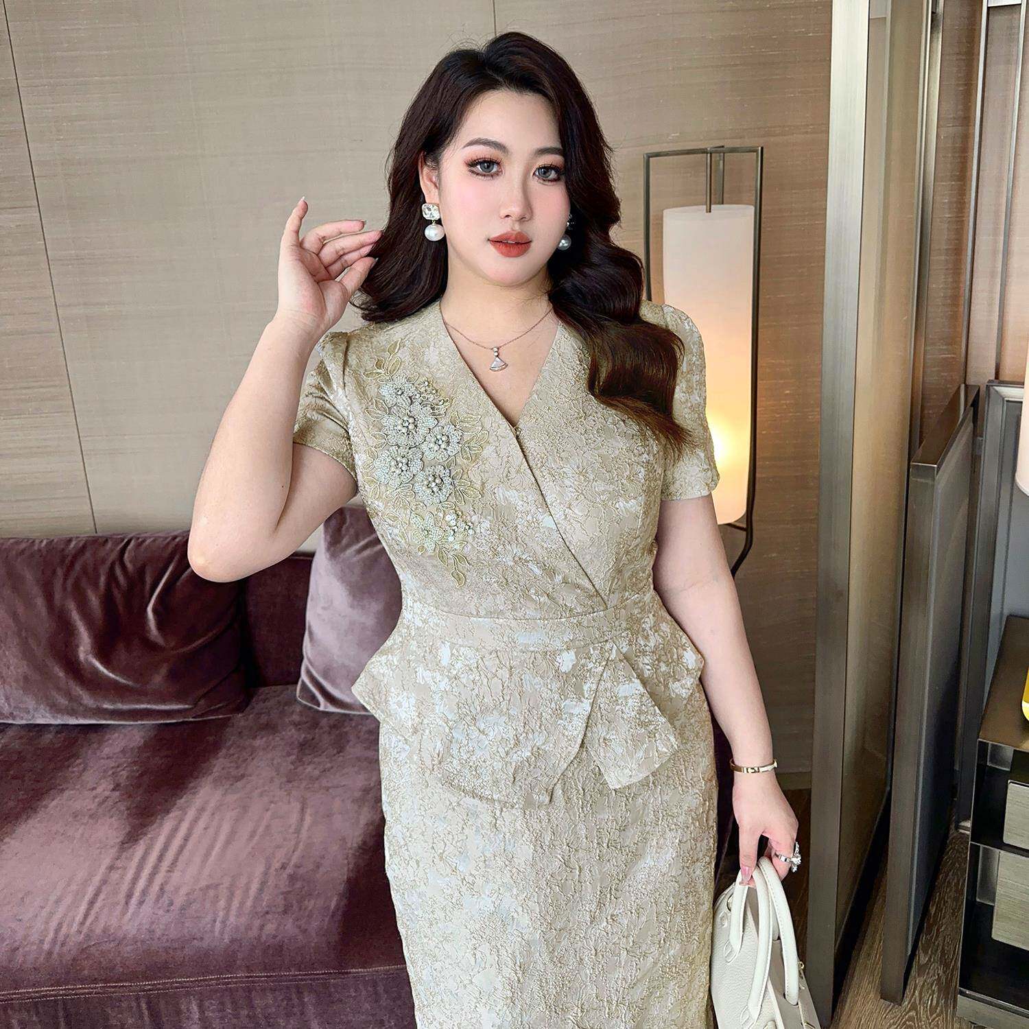 GLEC大尺码女装2025夏季新款重工钉珠覆古提花时尚优雅假两件洋装