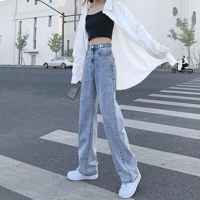 浅蓝色牛仔裤女直筒宽松
