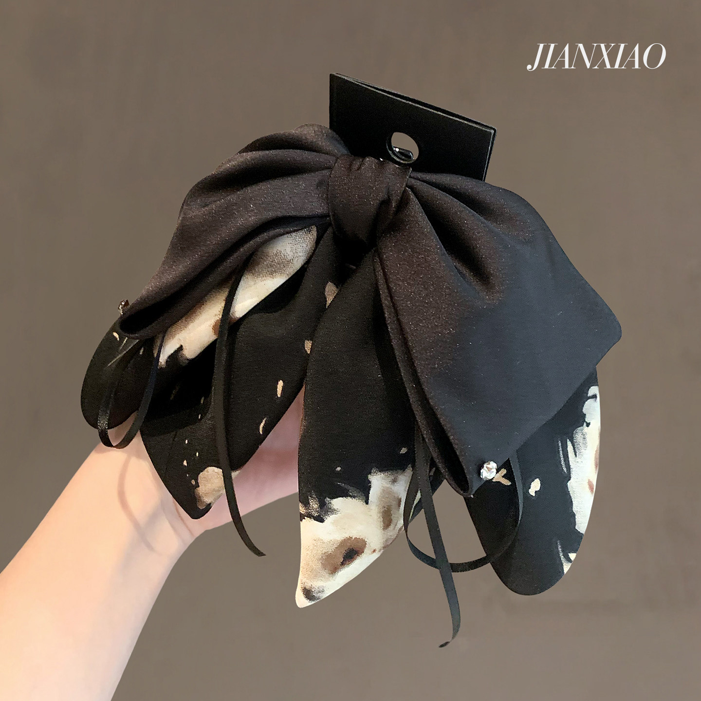 法式网红黑色蝴蝶结印花发夹缎面飘带抓夹高端轻奢马尾夹懒人发饰,饰品/流行首饰/时尚饰品新,发饰,淘宝优惠券,粉丝福利购,淘宝优惠卷